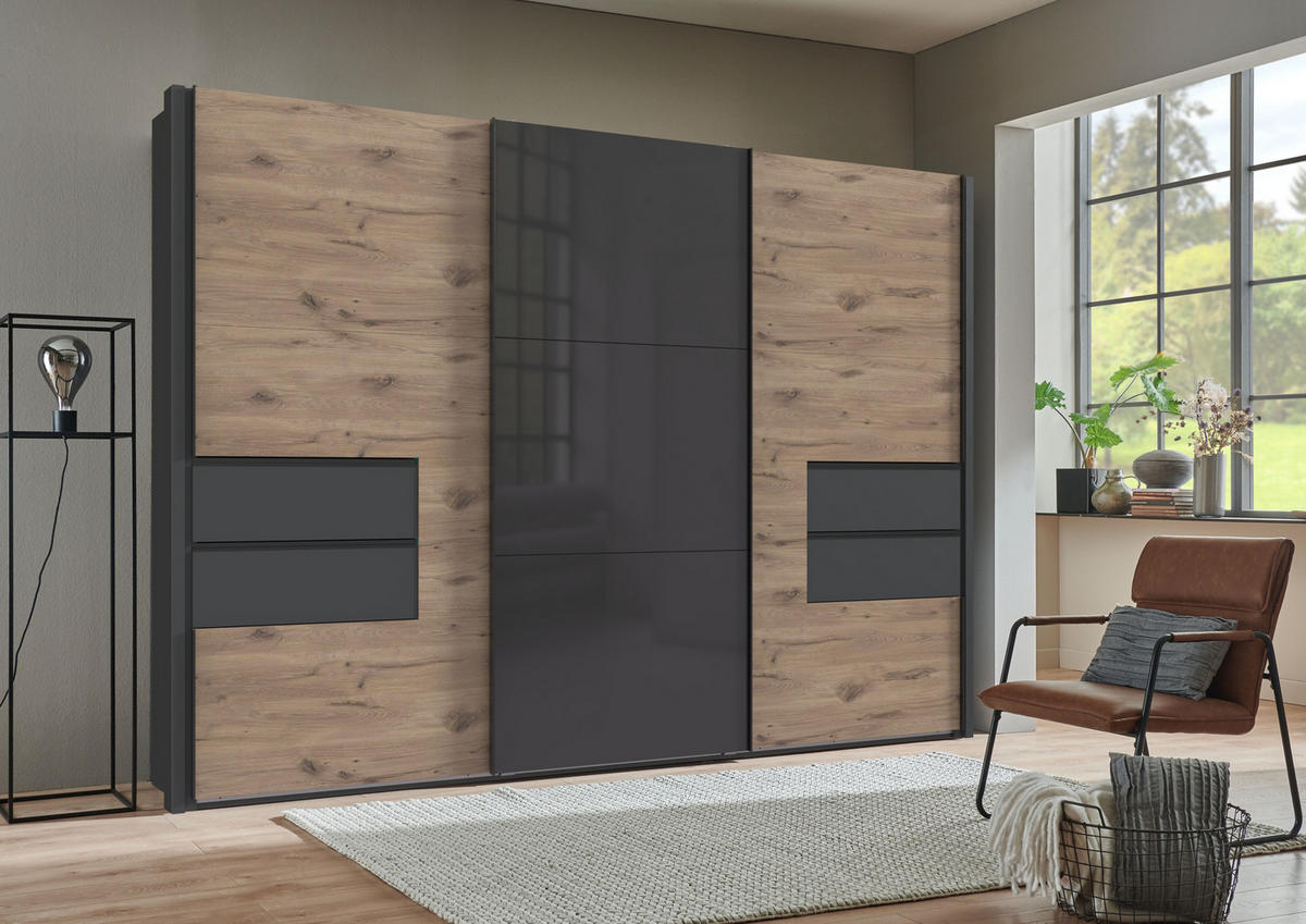 SCHWEBETÜRENSCHRANK B312/H216/T65 cm, Korpus+Passepartout+Schubladen Grafit, Türen eichefarben / Glas Grau / Spiegel, inkl. Vollausstattung / 22065 - Eichefarben/Schwarz, Holzwerkstoff/Metall (312/216/65cm) - luma-home