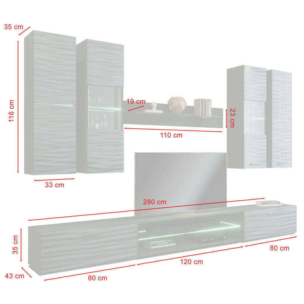 Thumbnail - Feldmann-Wohnen Wohnwand, Schwarz Hochglanz, Schwarz, Holz, 14 Fächer, Rechteckig, 280x195x43 cm, Wohnzimmer, Wohnwände,...