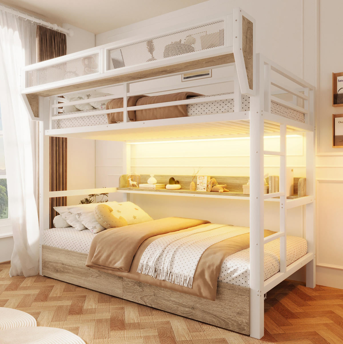 ETAGENBETT 90/200 cm aus Metall und MDF mit LED-Licht und Stauraum Weiß - Weiß, Holzwerkstoff (90/200cm) - Modenvie