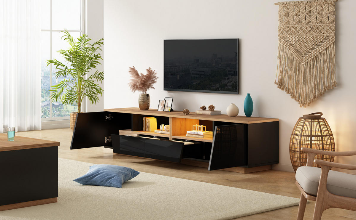 TV-ELEMENT180X40X46CM für 75-Zoll-Fernseher LED-Beleuchtung Schwarz-Holz - Schwarz, Holz (47.5/23.98/64.8cm) - Raelunyi