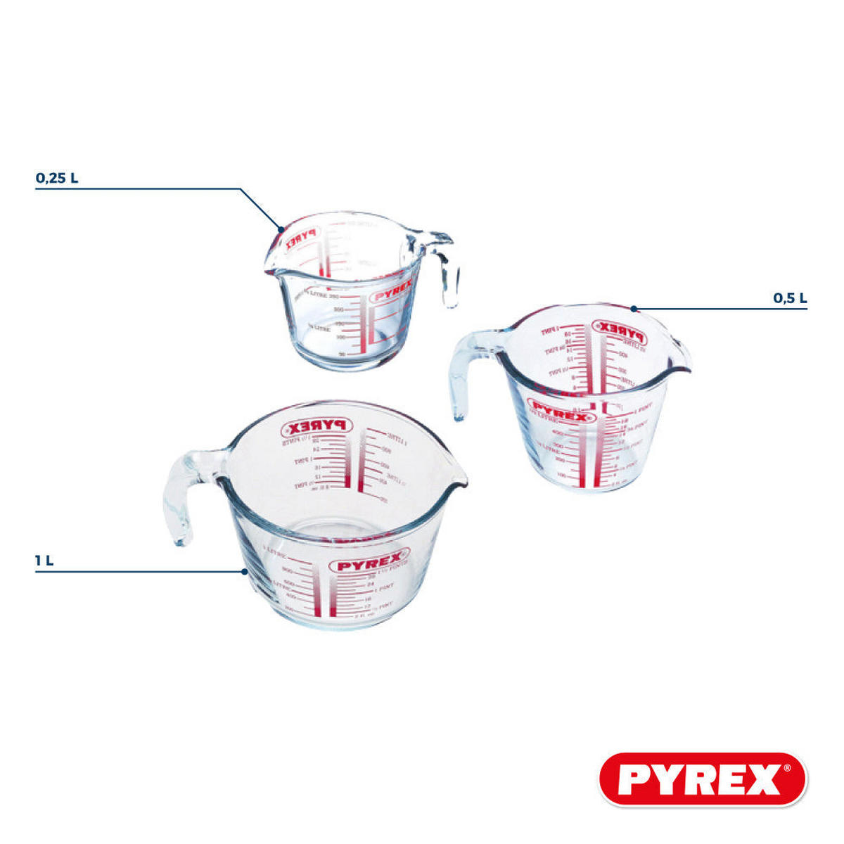 MESSBECHER Glas Set Iconics' 3-teilig - 250 ml, 500 ml & 1 Liter - Transparent, Glas (1L) - Pyrex