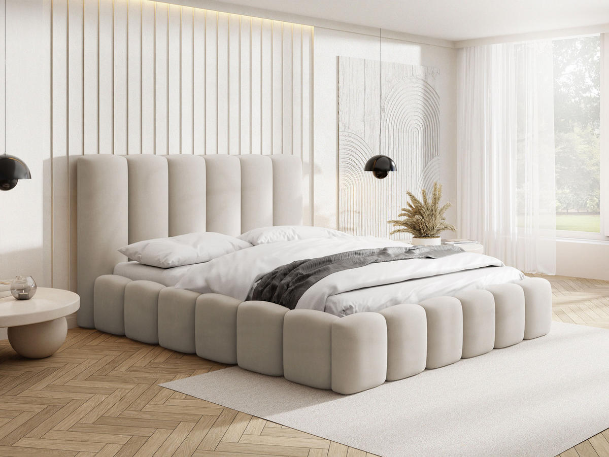 POLSTERBETT Serenity mit Bettkasten, Beige Samt 120x200 cm - Beige/Birkefarben, Holzwerkstoff/Kunststoff (120/200cm) - WFL GROUP