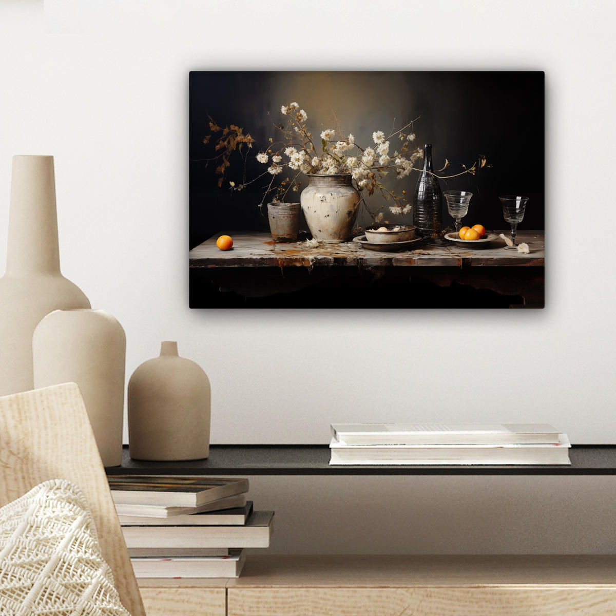 LEINWANDBILD Stilleben - Blumen - Blumenstrauß - Vase - Wein Deko Schlafzimmer 30x20 cm - Schwarz, Textil (30/20cm) - MuchoWow