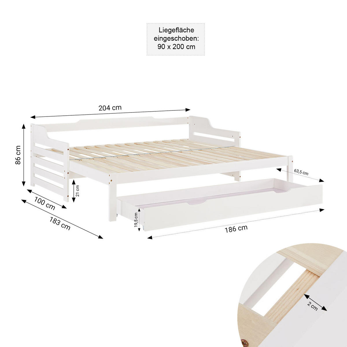 AUSZIEHBETT 90/200 cm Weiß - Weiß, Holz (90/200cm) - Homestyle4u