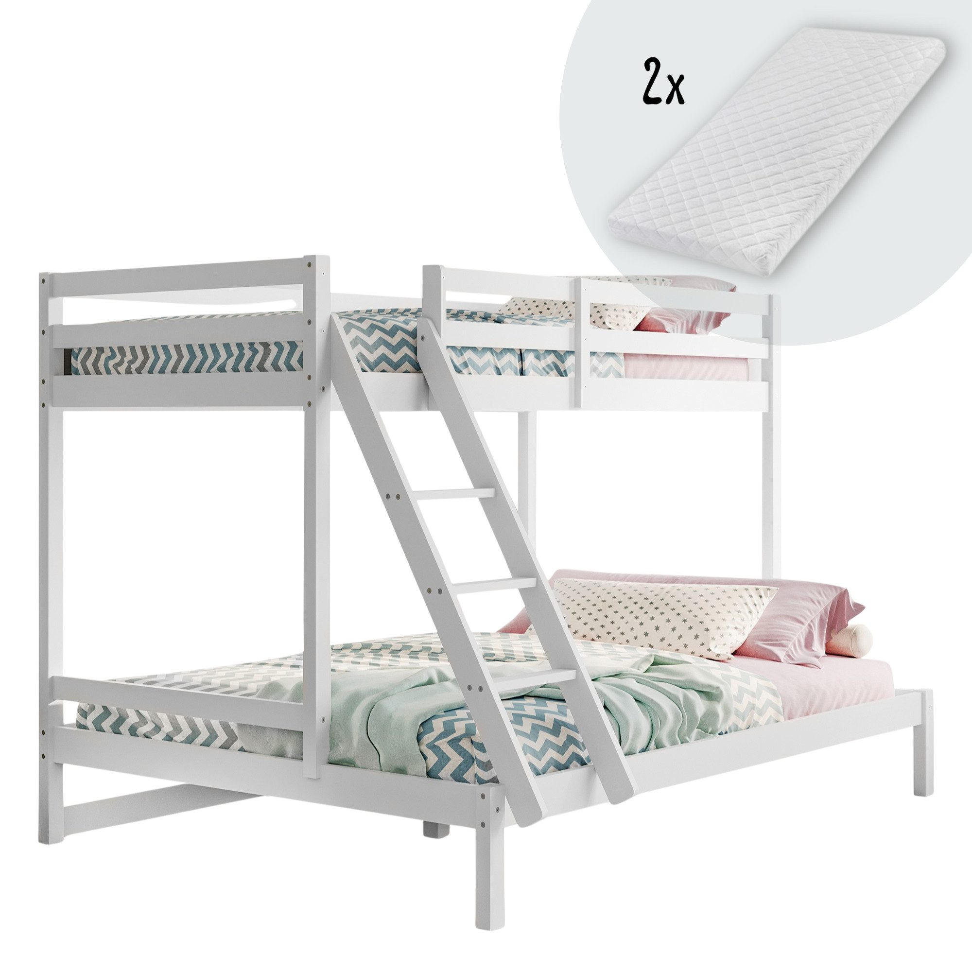 HOCHBETT 90x200 mit zusätzlichem großen Bett 140x200 und zwei Matratzen in Weiß - Weiß, Holz (140/200cm) - Kids Collective