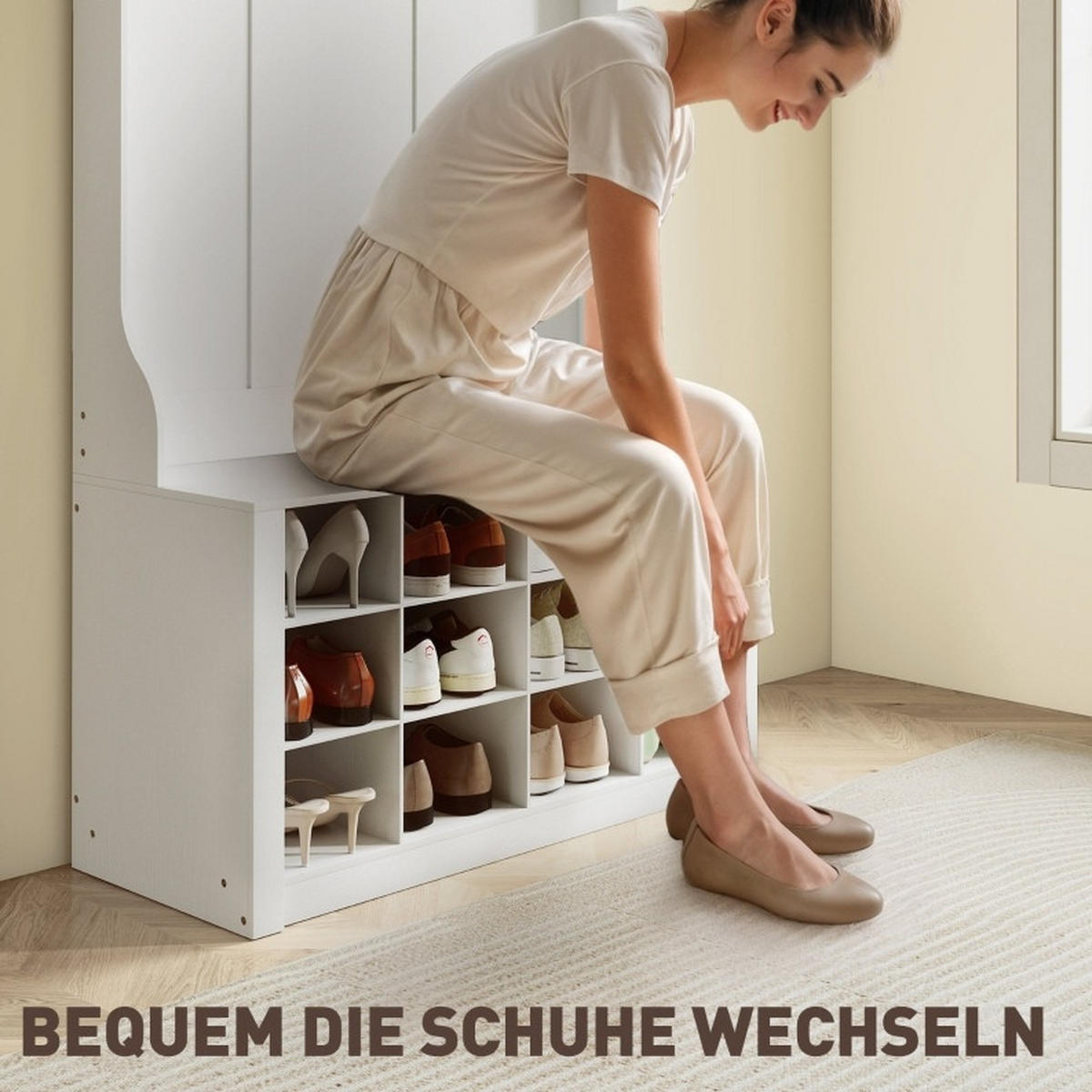 GARDEROBE 100/35/172,2 cm aus Holzwerkstoff mit Sitzbank und 12 Schuhfächern Weiß - Weiß, Holzwerkstoff (100/172.2/35cm) - Modenvie