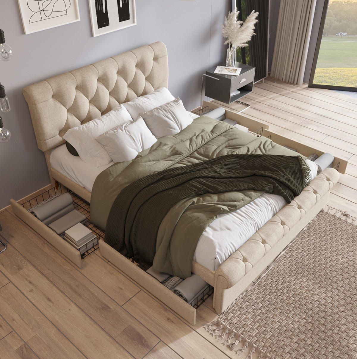 POLSTERBETT 140/200 cm Natur aus Metall und Holz mit Matratze und 4 Schubladen - Naturfarben, Metall (140/200cm) - OKMYHOME