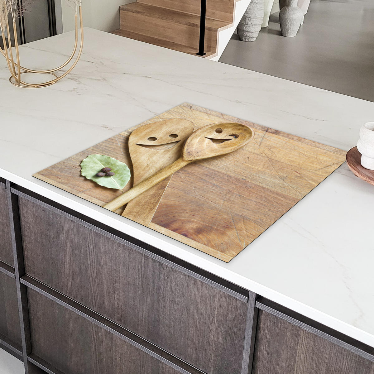 HERDABDECKPLATTE Holz - Löffel - Braun - Smiley 78x78 cm - Hellbraun, Kunststoff (78/78/0.2cm) - MuchoWow