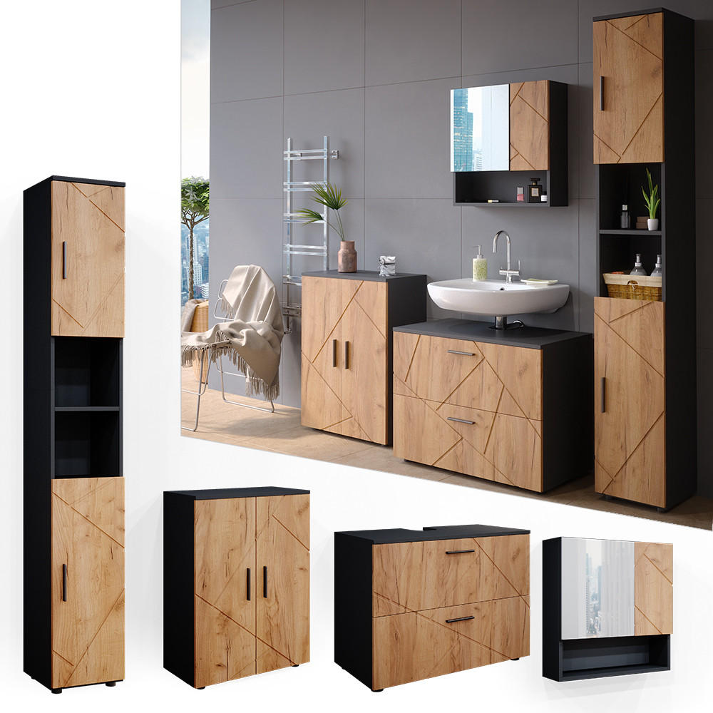 BADMÖBEL-SET Irma Goldkraft Eiche/Anthrazit 4 Teile - Anthrazit/Eiche Wotan, Holzwerkstoff (80/58/41cm) - Vicco