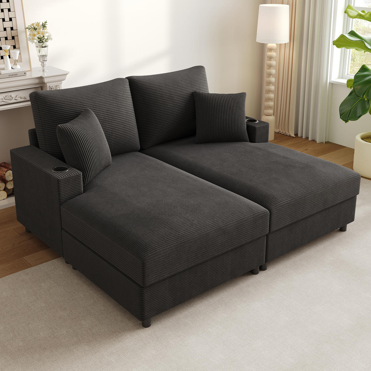 SCHLAFSOFA 2-Sitzer mit Handyhalter, USB und Getränkehalter, Grau - Grau, Textil (163/82/140cm)