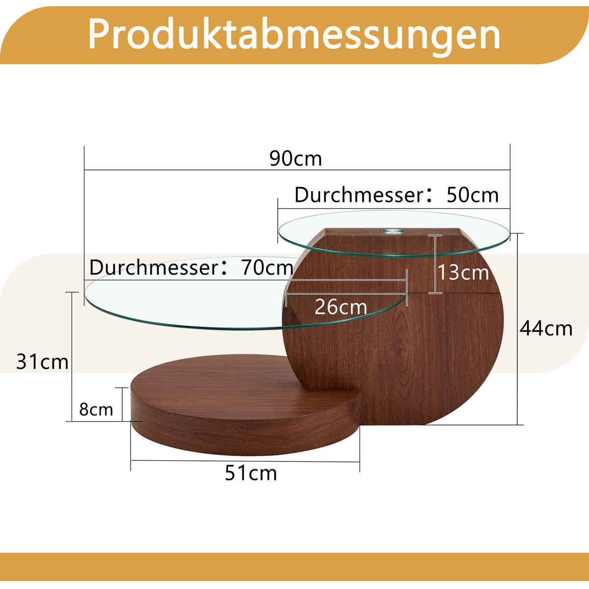 COUCHTISCH in Walnussfarbe Wohnzimmertisch mit zwei Ebenen aus Sicherheitsglas für Wohnzimmer, B90/T70/H44 cm - Transparent/Walnussfarben, Glas/Holzwerkstoff (90/90/44cm) - STILVORA