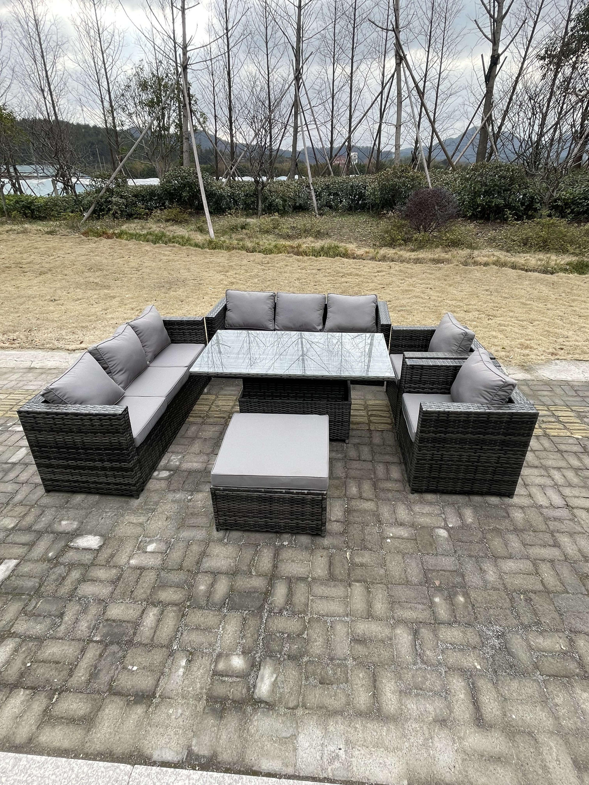 GARTENMÖBEL SET mit Hocker Polyrattan 9-Sitzer - Dunkelgrau/Grau, Glas/Kunststoff - Fimous