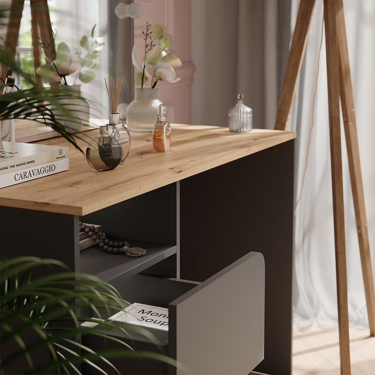 SCHMINKTISCH Karen Anthrazit/Artisan 110 cm mit LED-Lichterkette - Anthrazit/Eiche Artisan, Holzwerkstoff (110/75/55cm) - Vicco