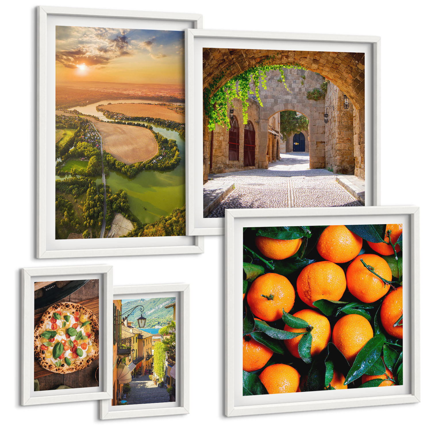 BILDER SET 5er Set - 50x50 cm & 20x30 cm & 40x60 cm Weißer Rahmen - Charmante Straßen mit Steinen - Weiß, Kunststoff (40/60cm) - TULUP