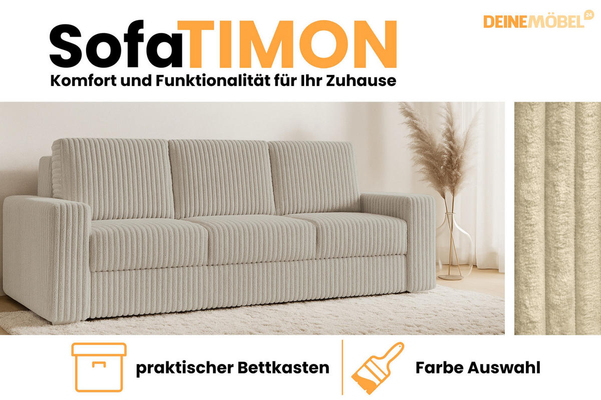 SOFA TIMON 245cm breit in Cord Beige - Beige, Holz/Holzwerkstoff (245/90/92cm) - Deine Möbel 24
