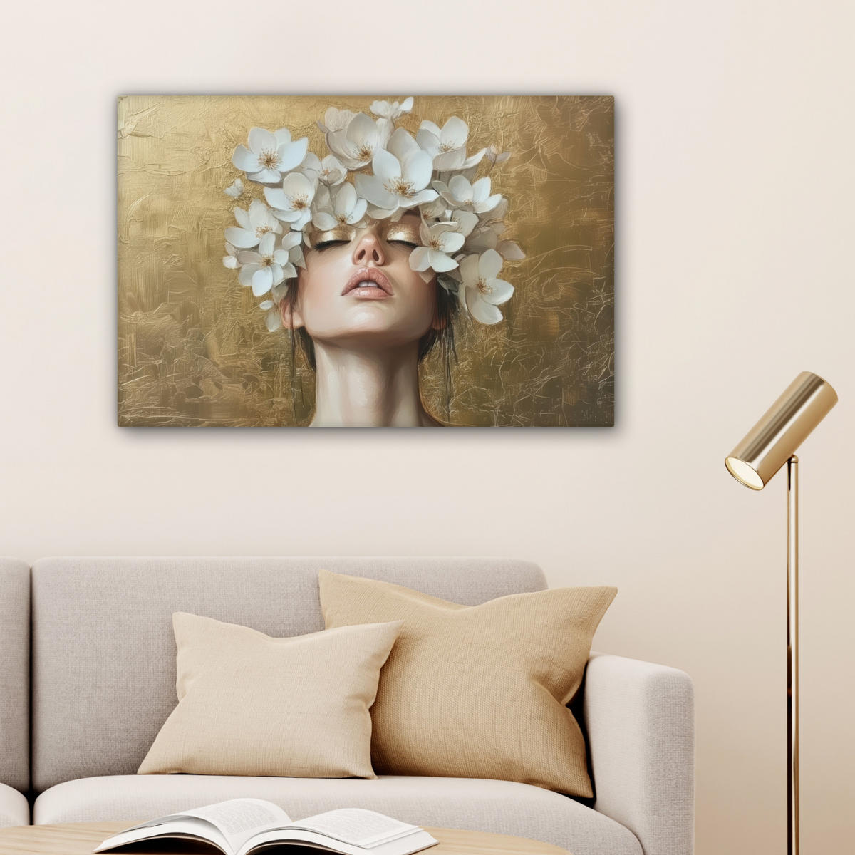 LEINWANDBILD Gesicht - Blumen - Gold - Abstrakt Gemälde 60x40 cm - Goldfarben, Textil (60/40cm) - MuchoWow