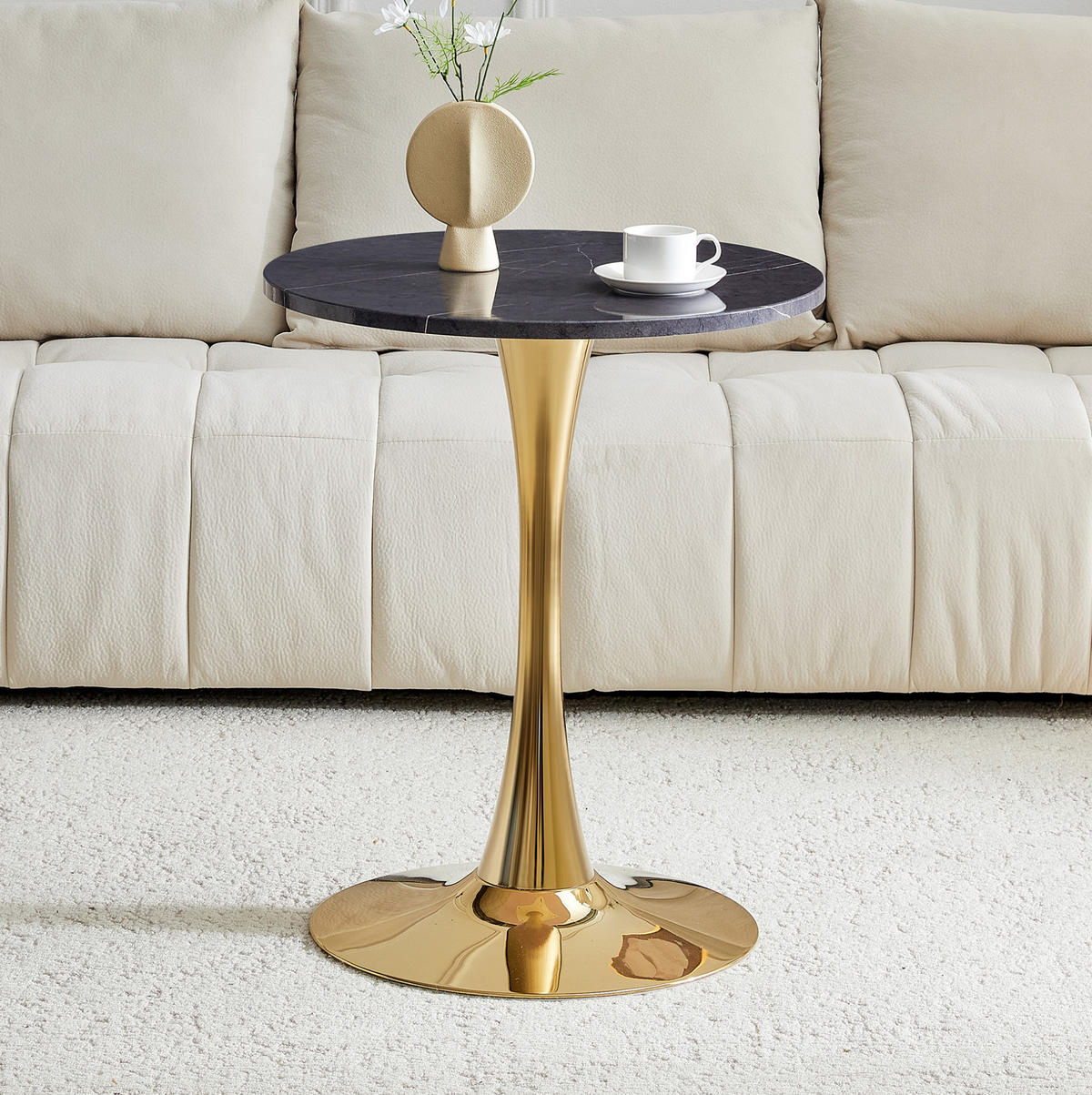 BEISTELLTISCH aus MDF und Metall 60x60x72 cm Schwarz/Gold in Marmoroptik mit runder Tischplatte und stabilem Stand - Schwarz, Holzwerkstoff (60/60/72cm) - Modfu