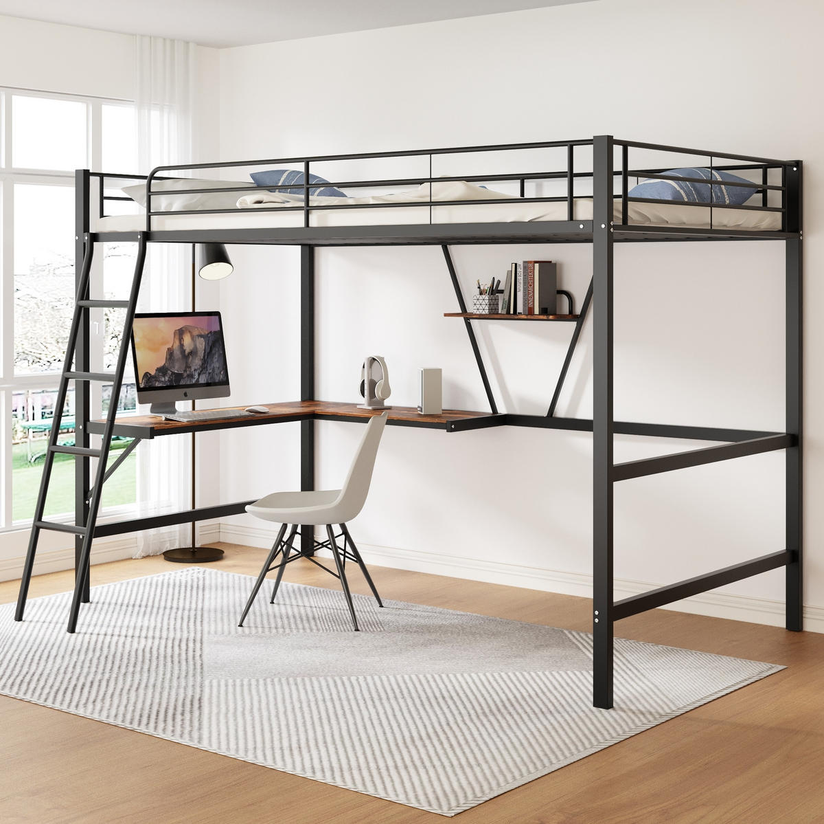 HOCHBETT 90/200 cm aus Metall mit L-förmigem Schreibtisch und Regal Schwarz - Schwarz, Metall (90/200cm) - Modenvie