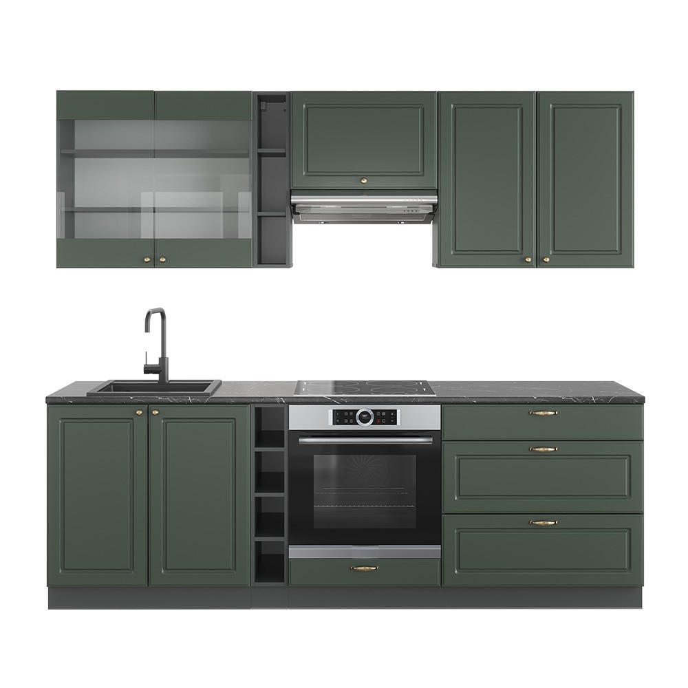 KÜCHENZEILE Fame-Line Grün-Gold Landhaus/Anthrazit 235 cm ohne Arbeitsplatte - Anthrazit/Grün, Holzwerkstoff (235/81.6/46cm) - Vicco