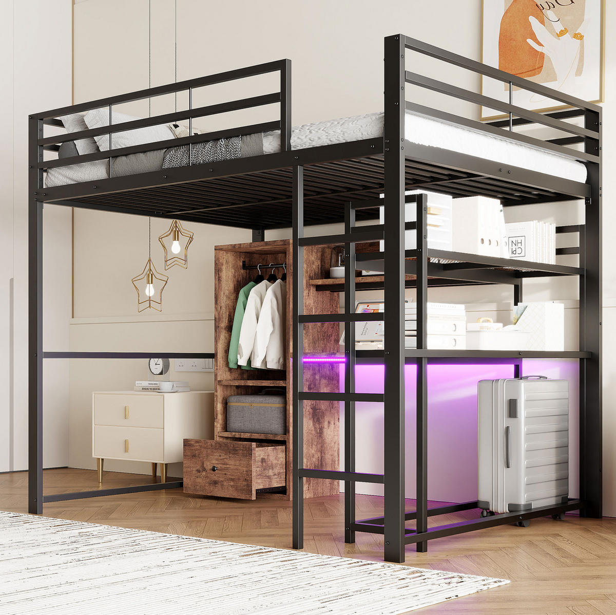 HOCHBETT 140/200 cm mit LED-Beleuchtung, Schreibtisch, Schublade und Regalen aus Metall und MDF, Schwarz - Schwarz, Holzwerkstoff (140/200cm) - Redom