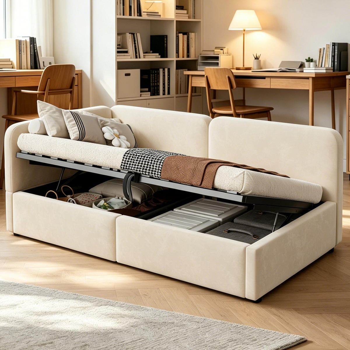 POLSTERBETT 90/200 cm DE-33056 mit Stauraum und Samt Beige - Beige, Metall (90/200cm) - ComfortXL