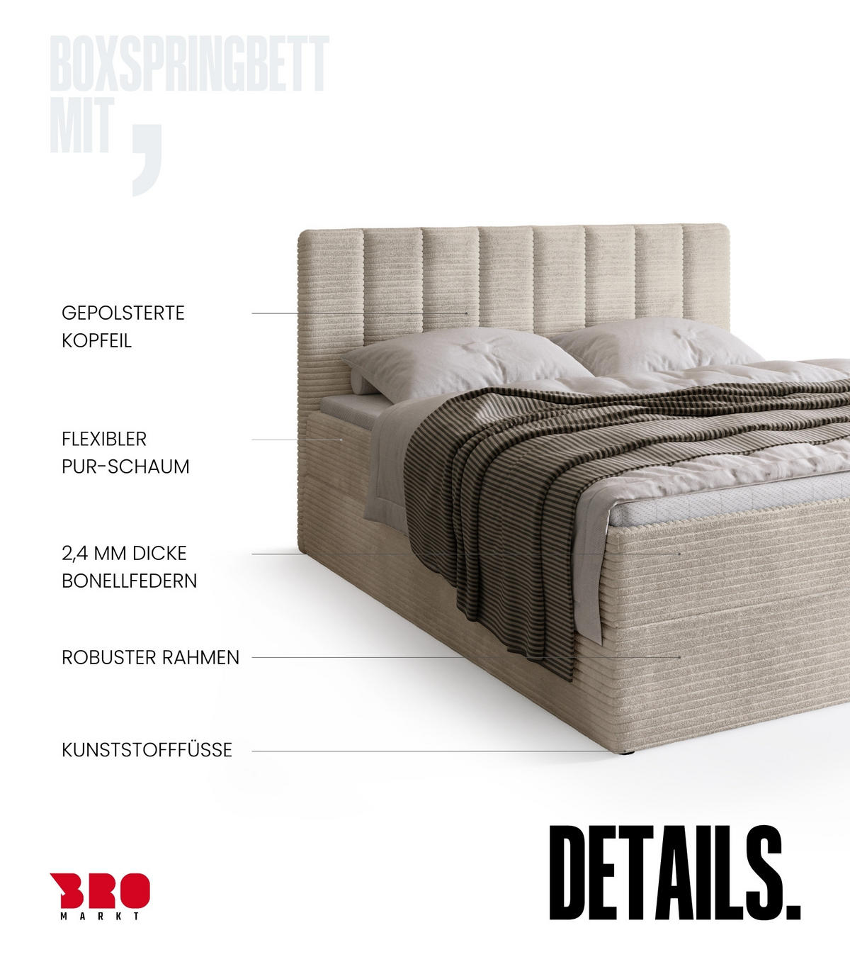 BOXBETT DENVER mit Topper 140x200 Vanille - Creme, Textil (140/200cm) - Bromarkt