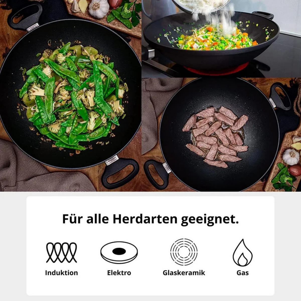 WOKPFANNE Maku Aluguss 32 cm mit Glasdeckel Induktion - Schwarz, Glas/Metall (32cm) - JUNG