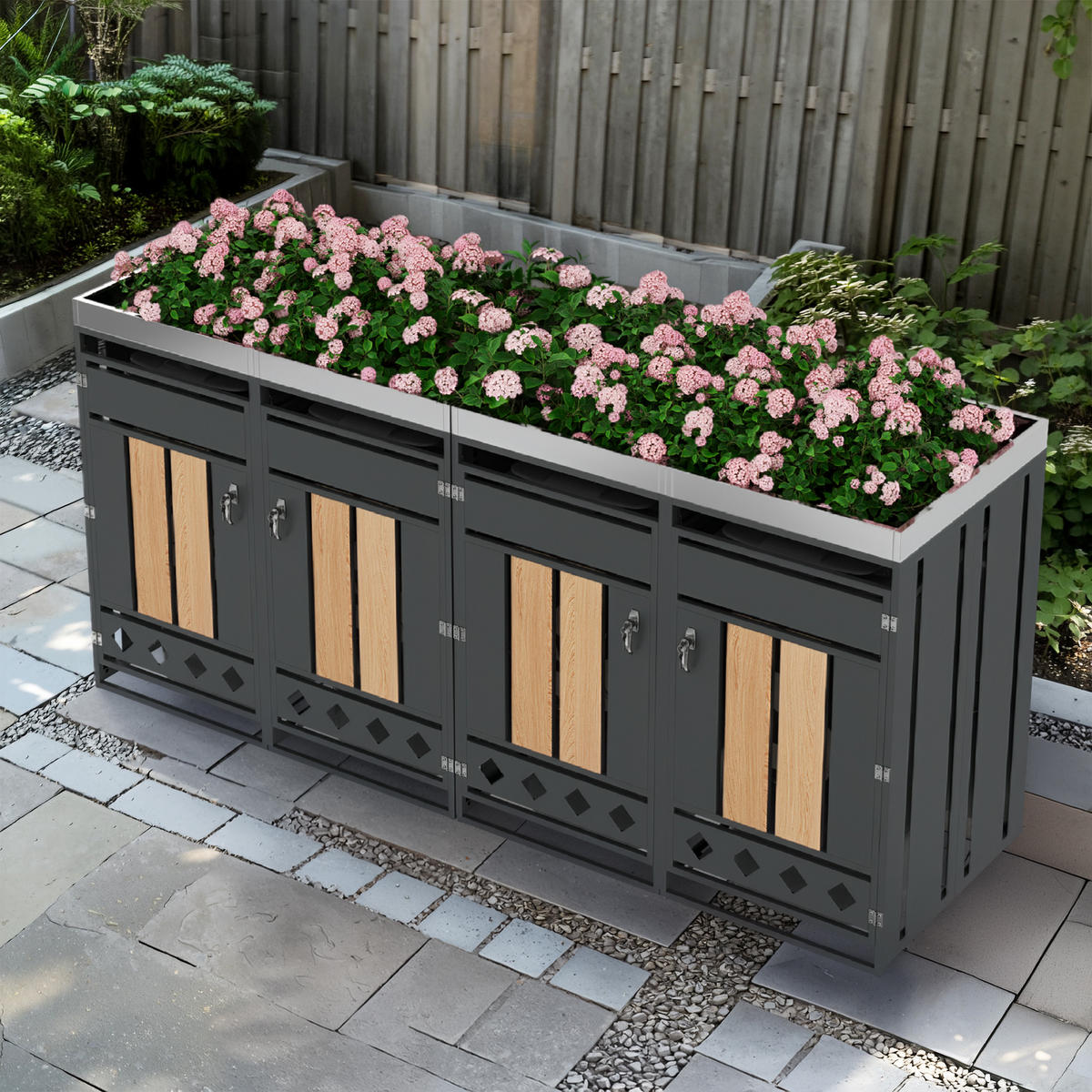 MÜLLTONNENBOX 4 Türen Holzoptik abschließbar Pflanzdach - Multicolor, Metall (160/163/264cm) - FLIEKS