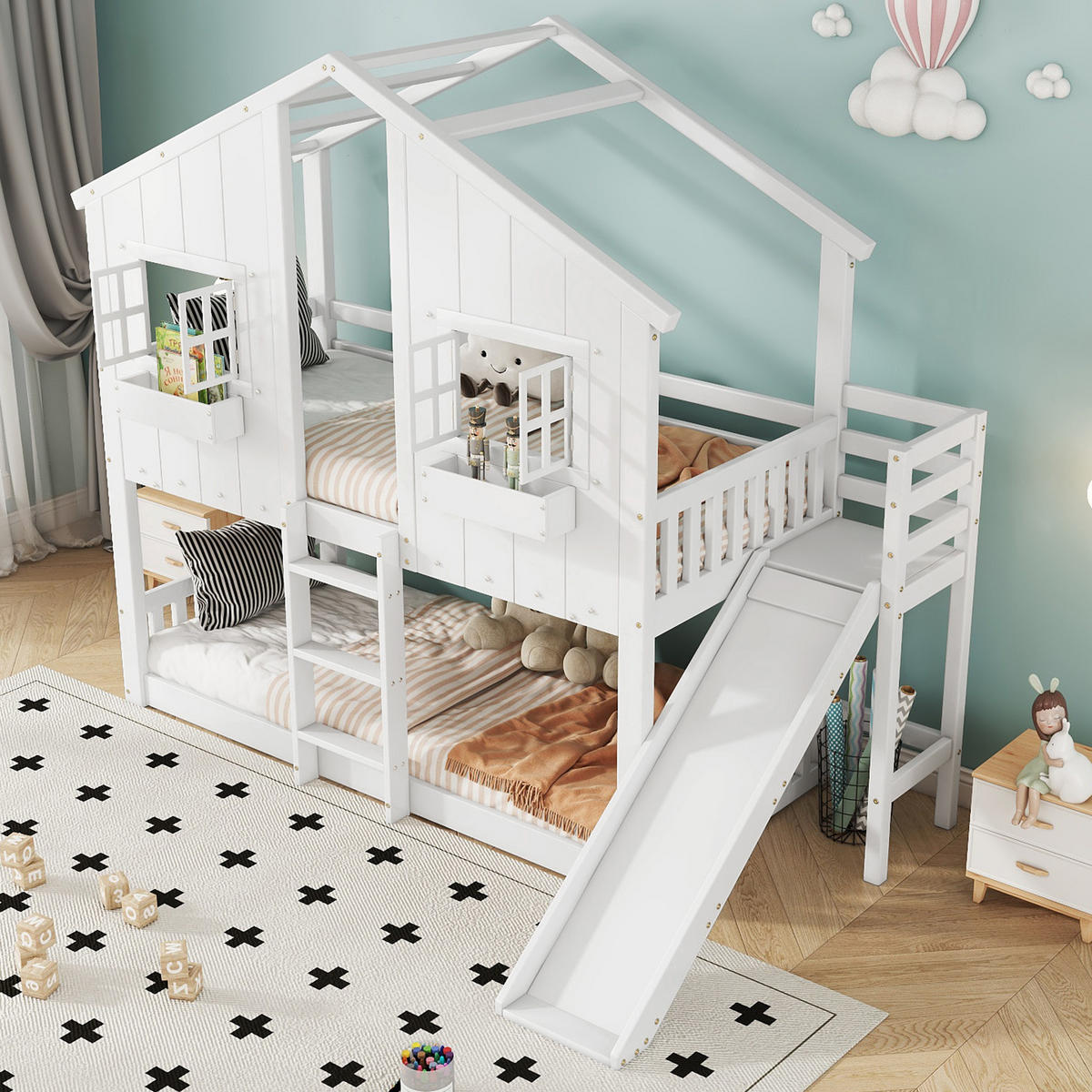 ETAGENBETT aus Kiefer und MDF 90x200 cm Weiß/Natur mit Rutsche, Dach, Fenstern und Fallschutz - Weiß, Holzwerkstoff (90/200cm) - Modfu