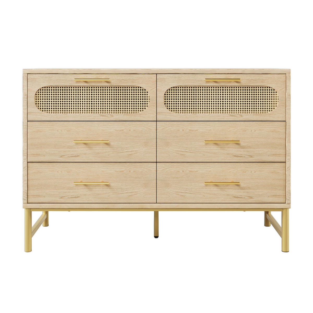KOMMODE aus Spanplatte und Metall 40x120x74 cm Sonoma Eiche mit 6 Schubladen, Rattanoptik und Kippsicherung - Eichefarben, Metall (120/74/40cm) - Modfu