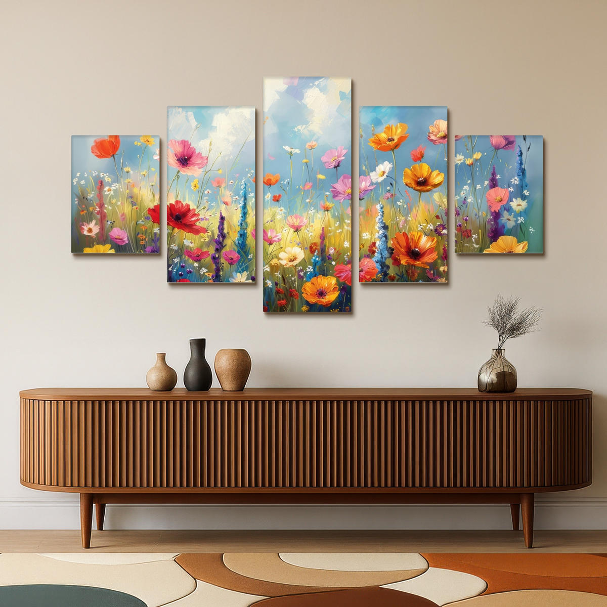 LEINWANDBILD 5er Set Blumen - Frühling - Farbenfroh - Sommerlich 150x80 cm - Orange, Textil (150/80cm) - MuchoWow