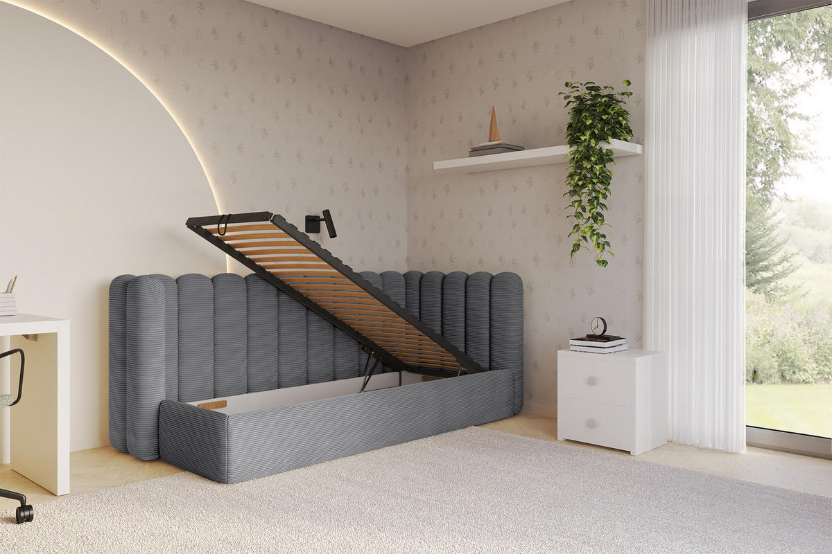 EINZELLBETT Jugendbett mit Bettkasten und Matratze H3/H4, Links - HUGY 100x200 Dunkelgrau - Graphitfarben, Holzwerkstoff/Textil (100/200cm) - ALTDECOR