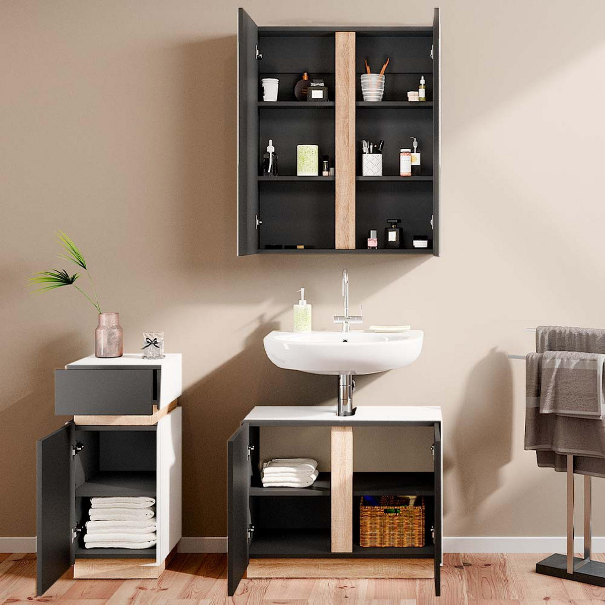 BADMÖBEL-SET Gloria Anthrazit 3 Teile, mit Midischrank - Anthrazit/Sonoma Eiche, Holzwerkstoff (70/55/34cm) - Vicco