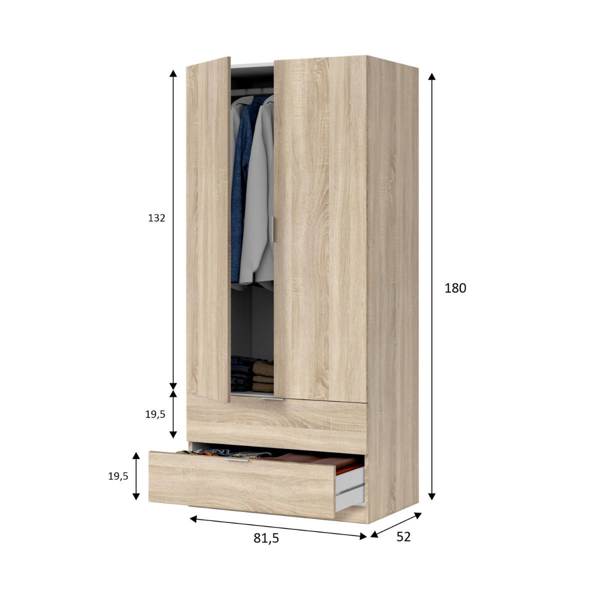 SCHRANK 2 Türen 2 Schubladen 81,2/180/52 cm - Eichefarben, Holzwerkstoff (81.2/180/51cm) - Calicosy