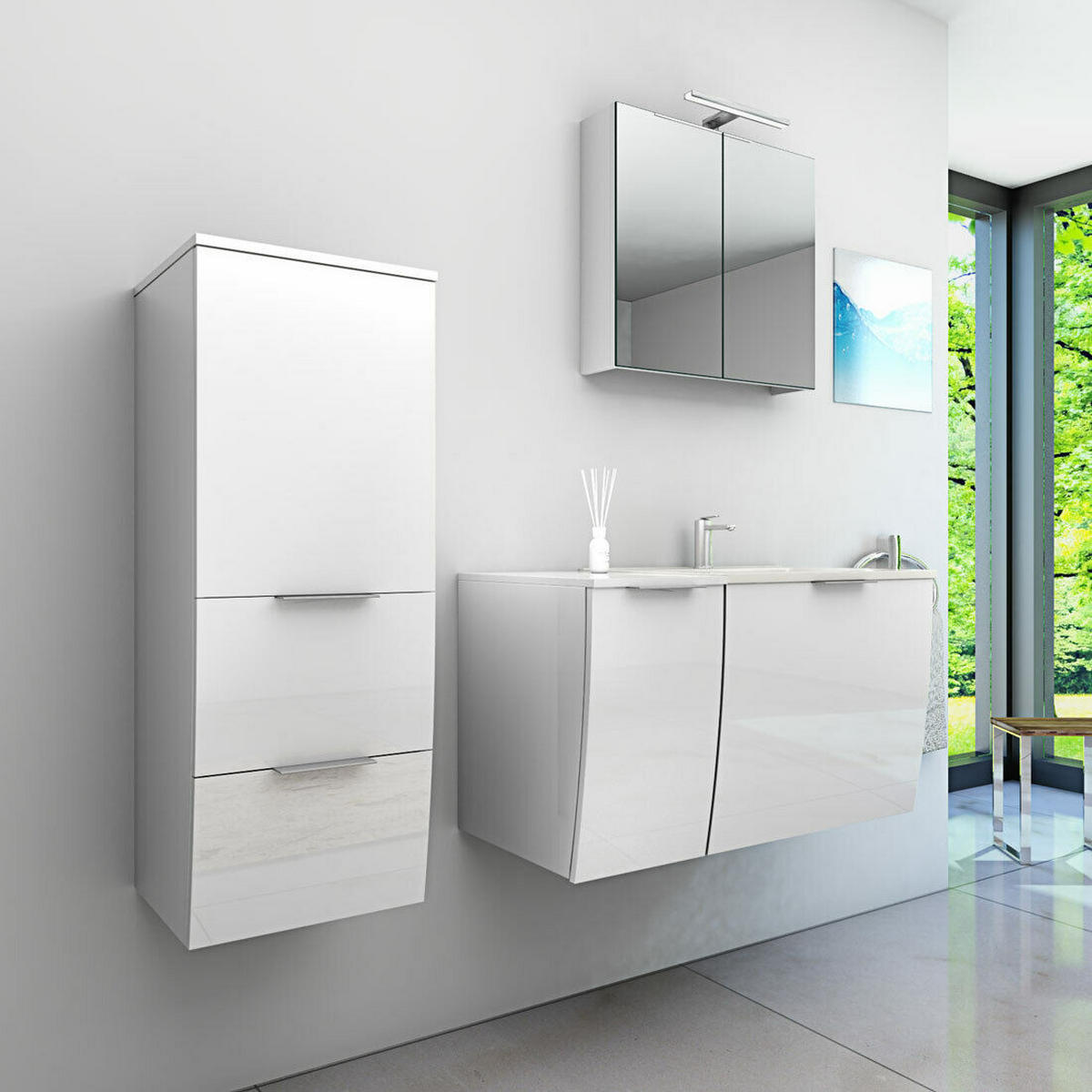 BADMÖBEL Set Gently 1 V2 L Weiß MDF Waschtisch 90cm mit 5W LED-Strahler / Energiebox - Weiß, Glas/Kunststoff (46/52/90cm) - AcquaVapore by Sandra Jentho