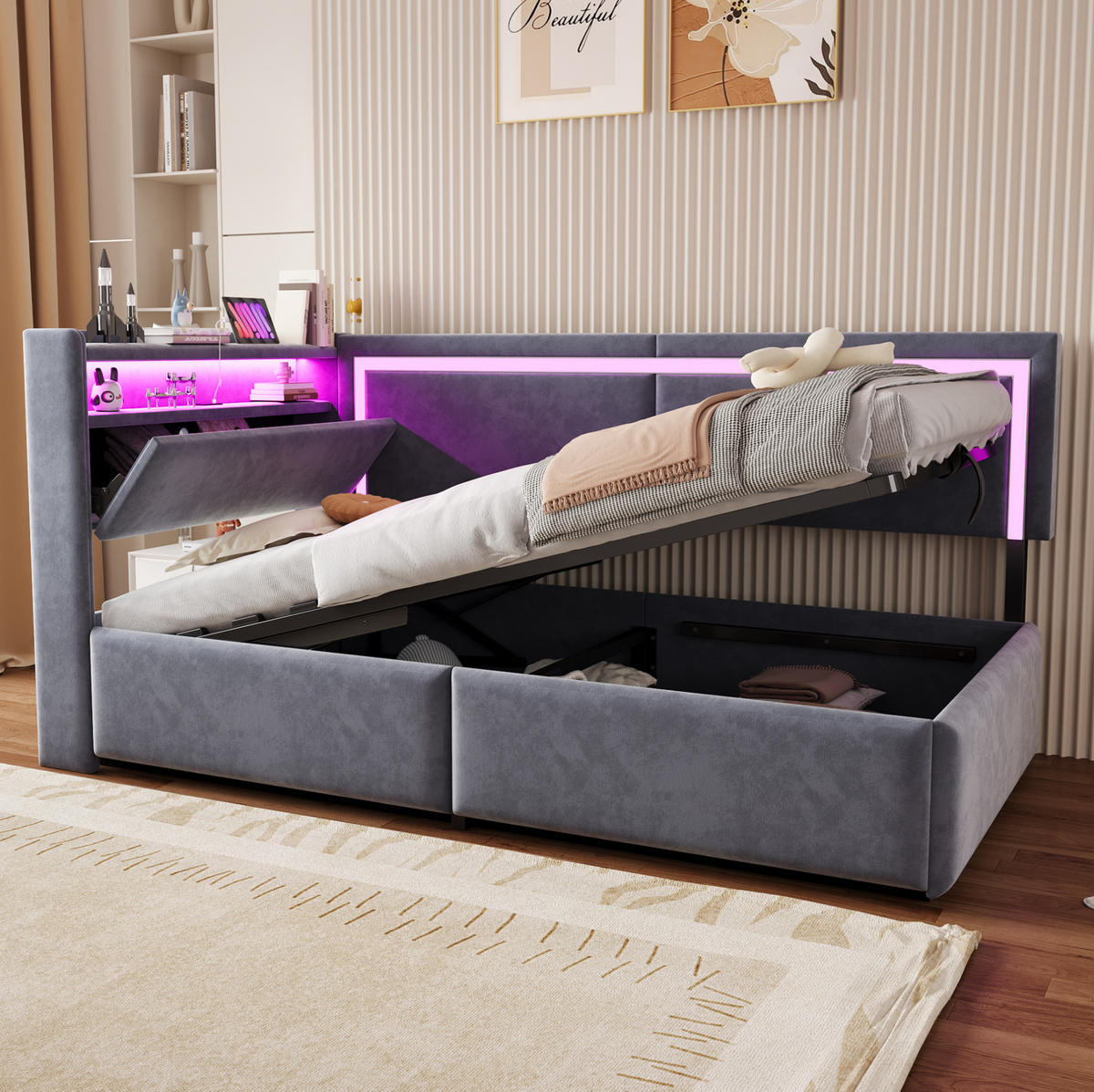 POLSTERBETT 90/200 cm mit LED-Beleuchtung, USB-Anschlüssen, Stauraum und Samtbezug, Grau - Grau, Holzwerkstoff (90/200cm) - Redom