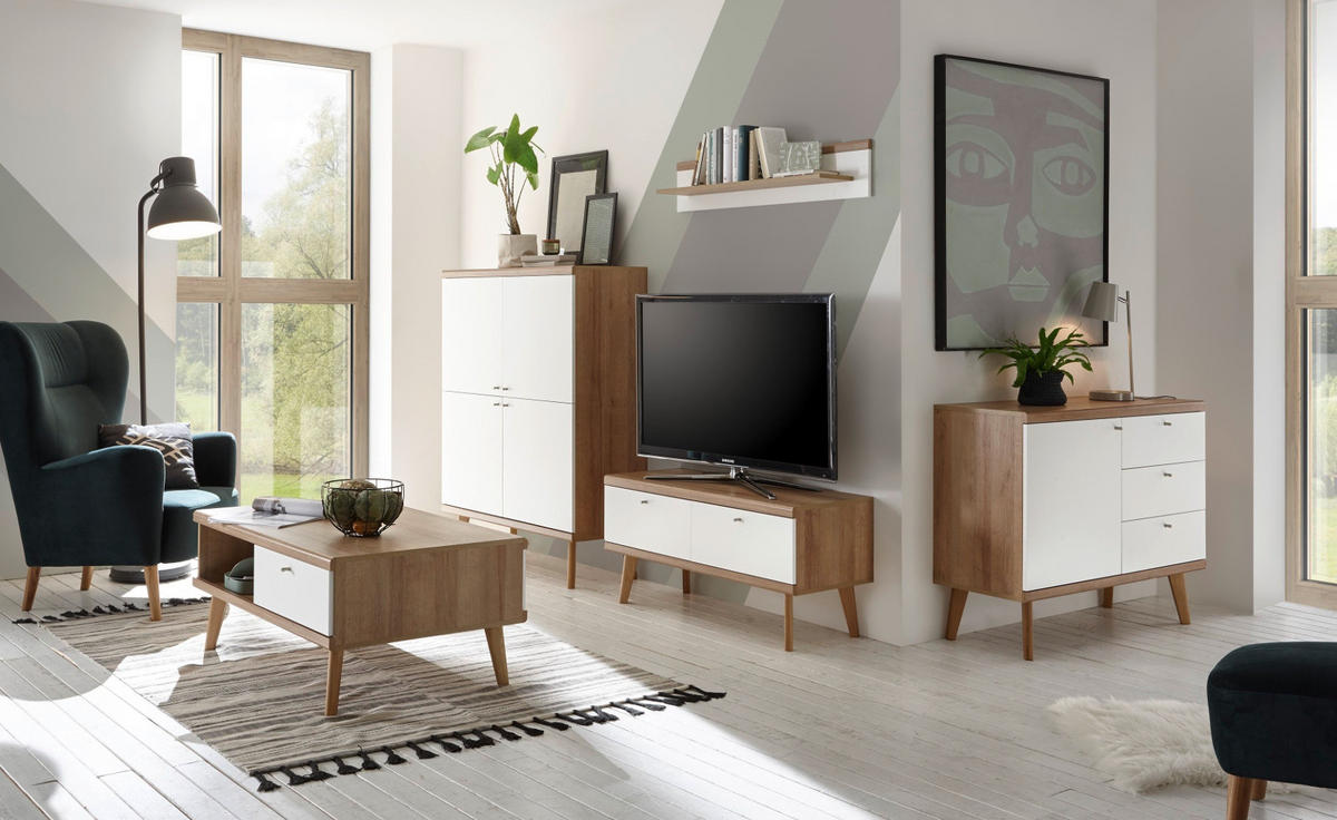TV-LOWBOARD weiß, Eiche Riviera, TV-Unterteil skandinavisch, 107 x 50 cm - Eichefarben/Weiß, Holz/Holzwerkstoff (107/50/40cm) - Furn.Design