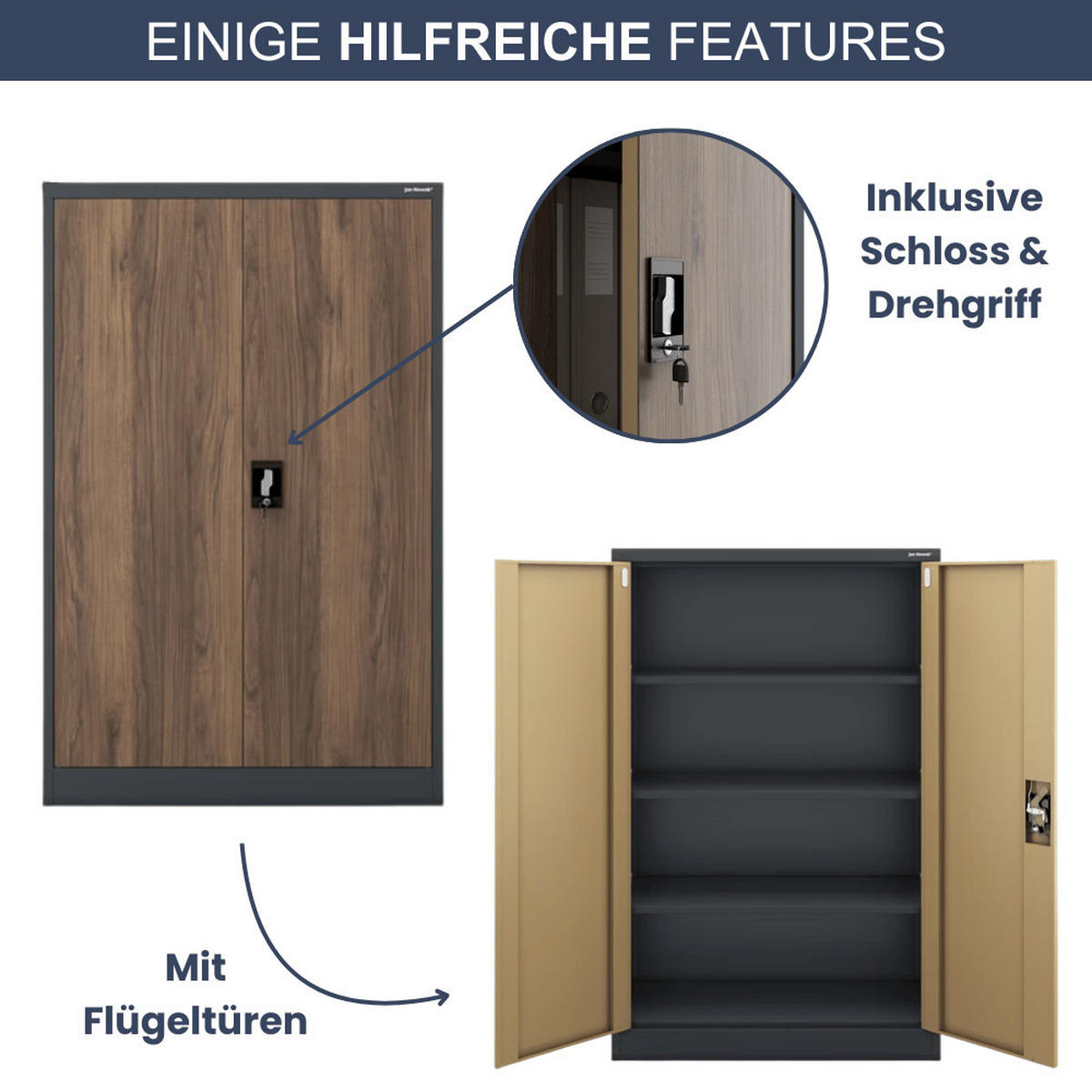 AKTENSCHRANK abschließbar KADO mit Flügeltüren 140x90x40cm Anthrazit-Nussbaum - Anthrazit, Metall (90/140/40cm) - DELUKE