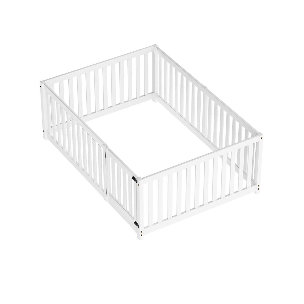 BODENBETT 140/200 cm Weiß mit Zaun und Tür aus Kiefernholz - Weiß, Holz (140/200cm) - OKWISH