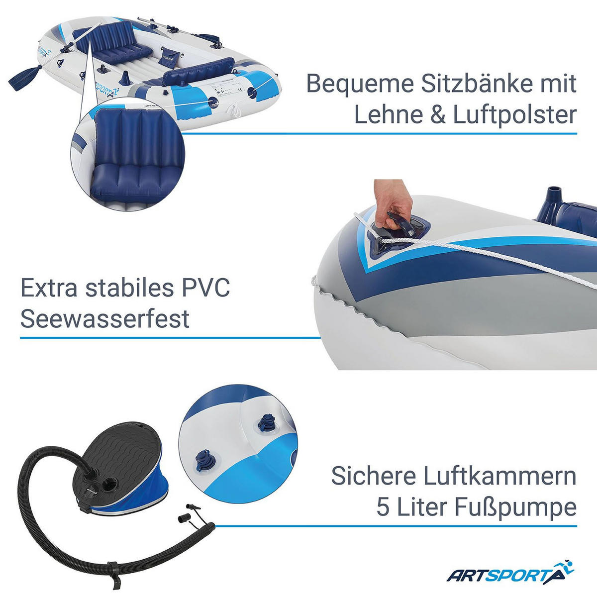 SCHLAUCHBOOT Paddelboot mit zwei Sitzbänken 3,22 m - Blau, Kunststoff (322/163/44cm) - Artsport