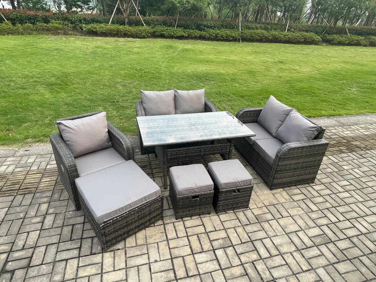 Gartenmöbelset mit Esstisch,Hockern Polyrattan Dunkelgrau 8-Sitzer - Dunkelgrau/Grau, Glas/Kunststoff - Fimous