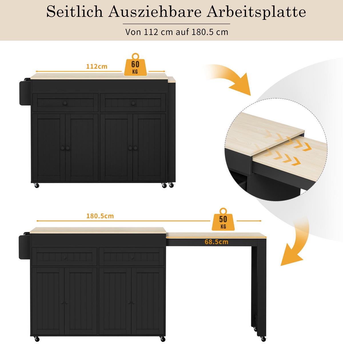 KÜCHENINSEL 112-180,5/45/92,2 cm schwarz/natur ausziehbar - Schwarz, Holzwerkstoff (180.5/92.2/45cm) - OKWISH