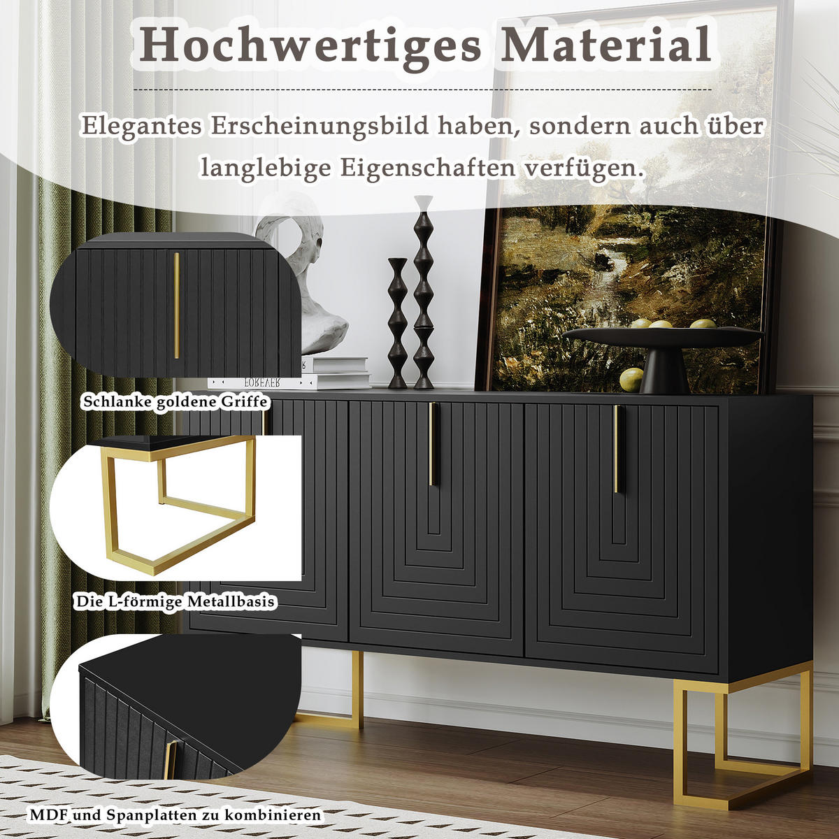 SIDEBOARD 130/40/80 cm schwarz aus MDF mit 3 Türen und verstellbaren Regalen - Schwarz, Holzwerkstoff (138/80.5/40cm) - OKWISH