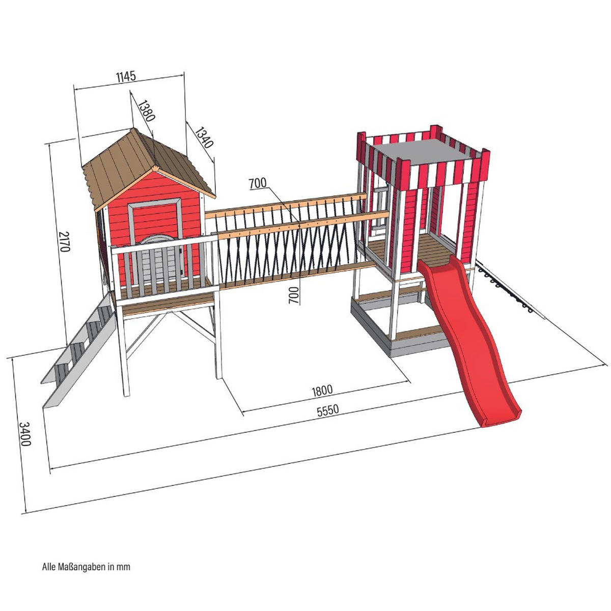 SPIELPARK WUNDERLAND - Rot, inkl. Schaukel und Rutsche - Rot, Holz (555/215/340cm) - Home Deluxe