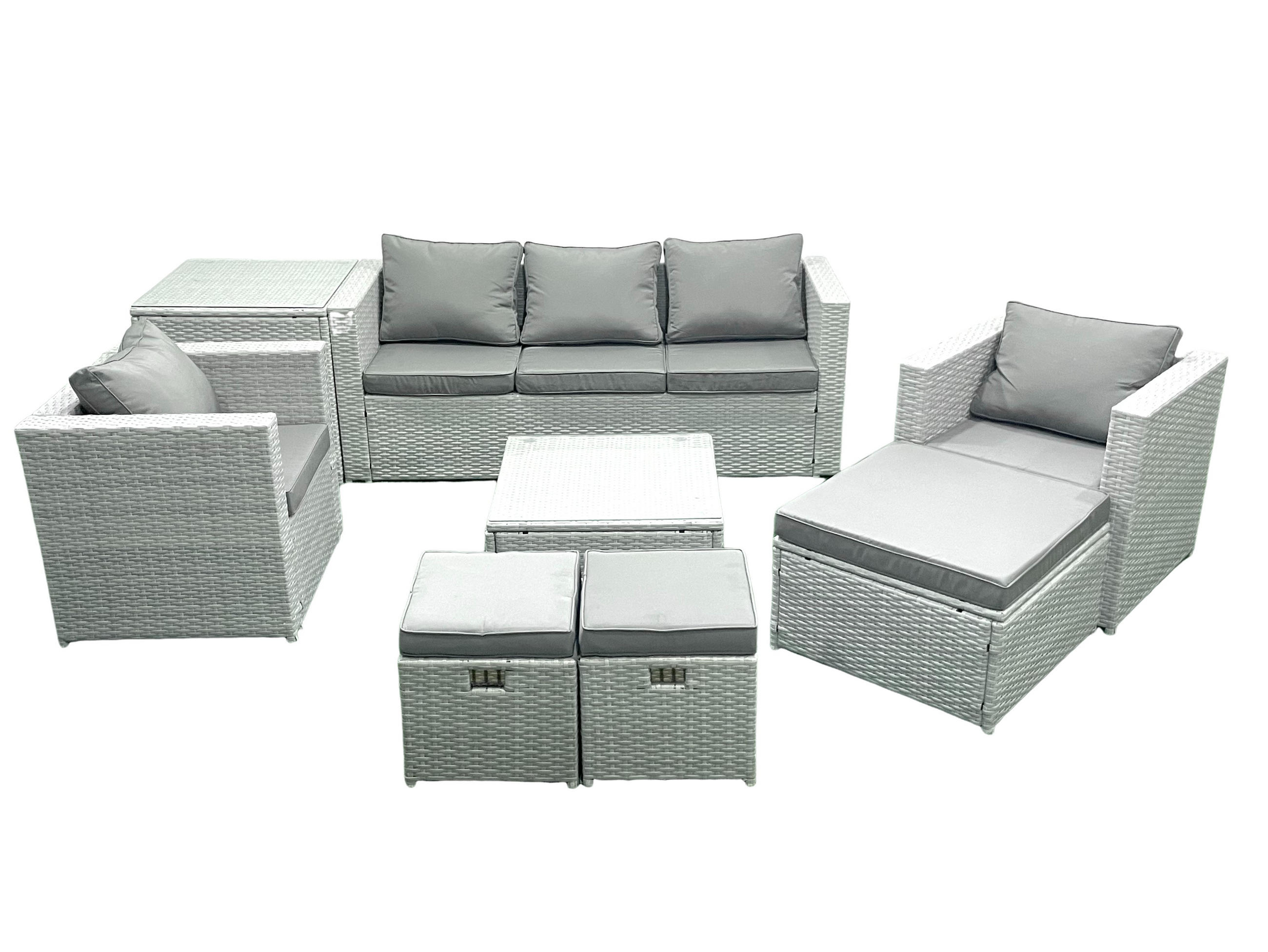 GARTENMÖBEL-SET mit Kissen Polyrattan Hellgrau-Mix 8-Sitzer - Hellgrau/Grau, Glas/Kunststoff - Fimous