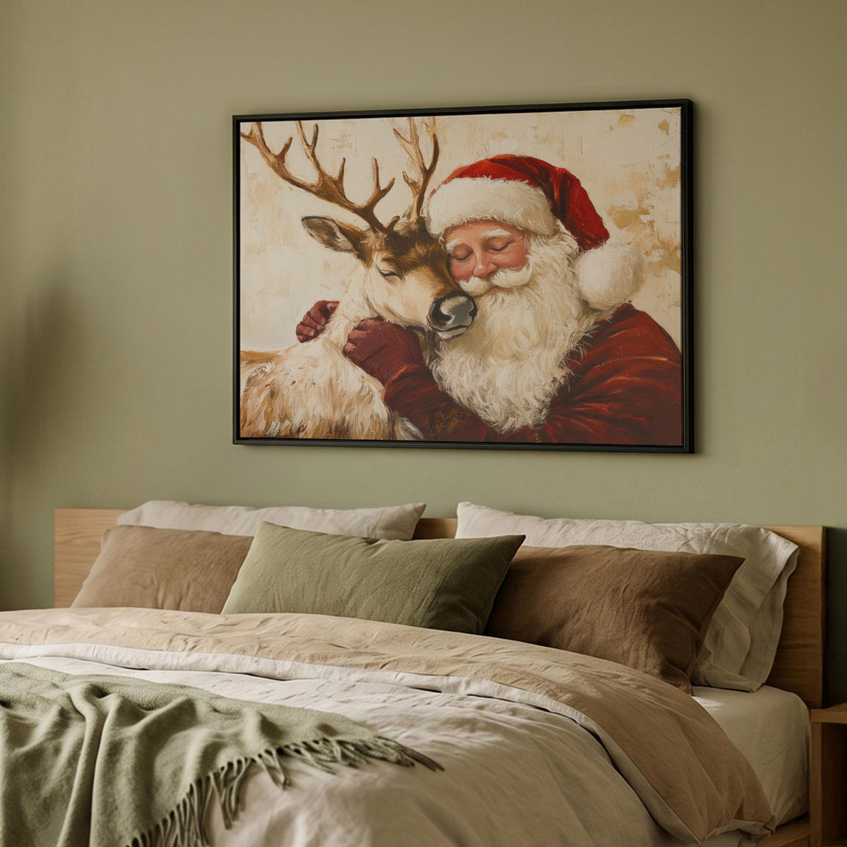 LEINWAND Bilder mit Rahmen - Weihnachtsmann - Rentier - Weihnachten - 100x70 - Rotbraun, Textil (100/70cm) - MuchoWow