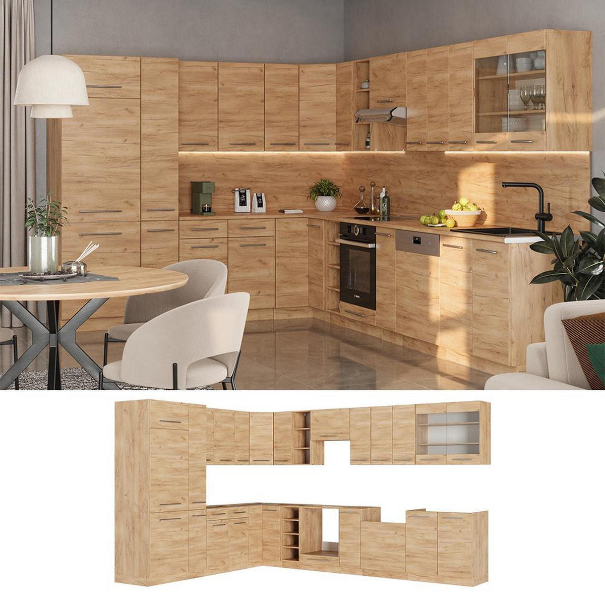 BUCĂTĂRIE PE COLȚ Fame-Line, Stejar auriu/Stejar auriu, 347 x 257 cm, AP Marmură - stejar miere, compozit lemnos (347/206.8/60cm) - Vicco