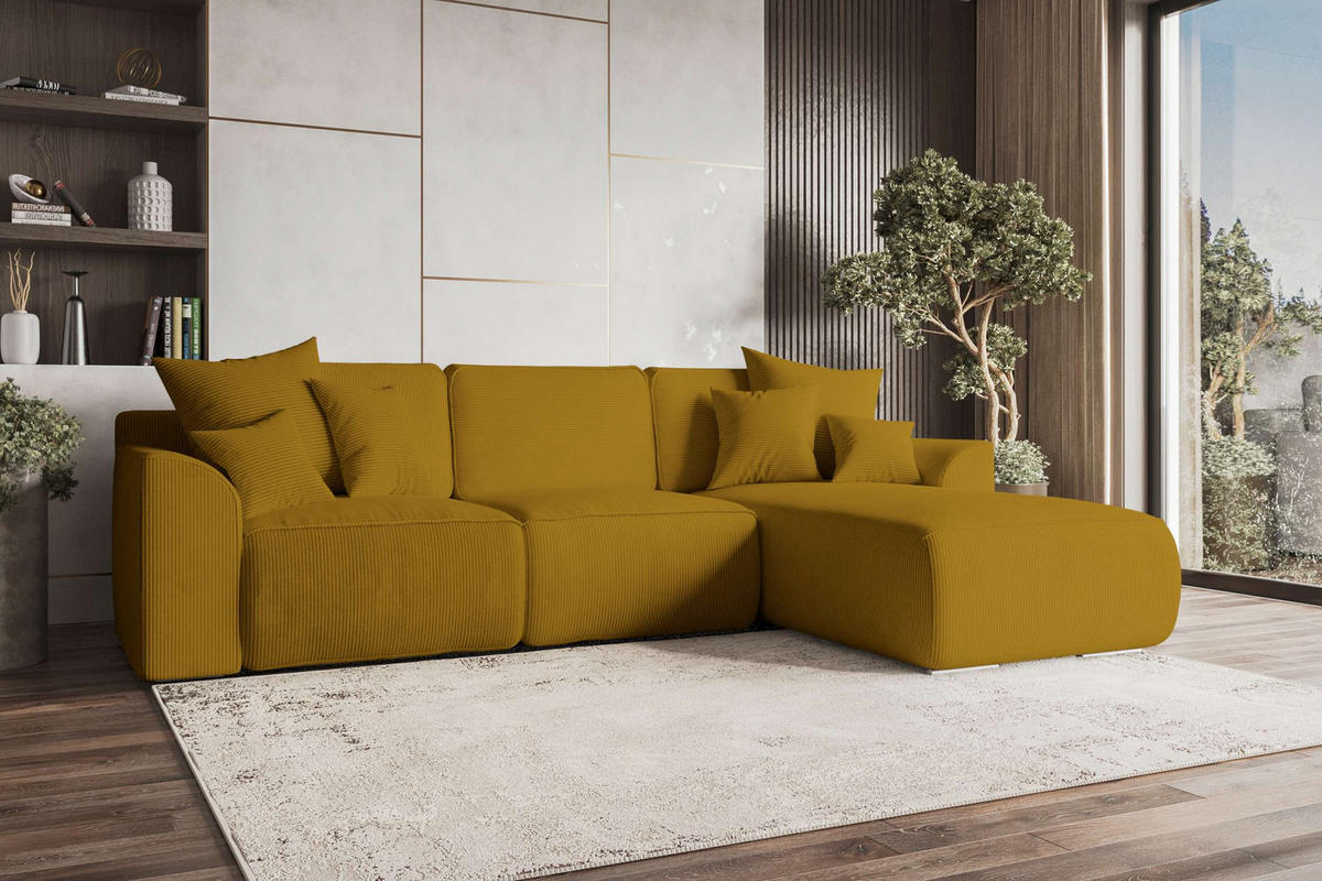 ECKSOFA GUSTO Cordstoff Goldfarben Rechts inkl. Schlaffunktion - Chromfarben/Goldfarben, Kunststoff/Textil (295/194cm) - 99rooms