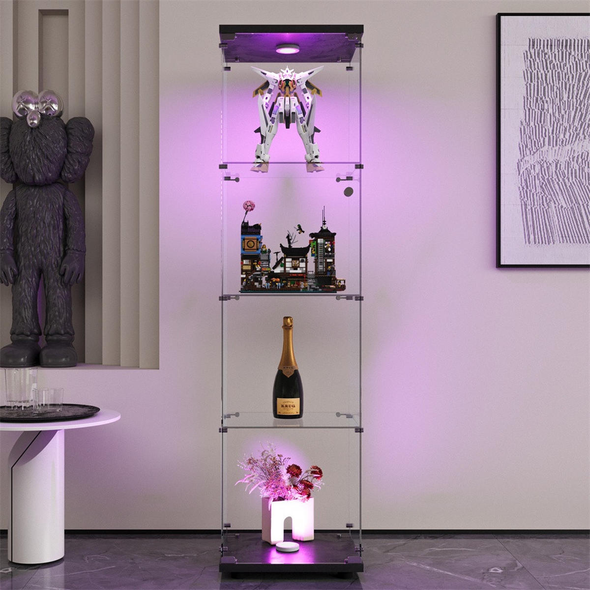 VITRINE mit LED Beleuchtung - Glaskvitrine mit 4 Ebenen und 1 Glastür - für Wohnzimmer und Büro - Schwarz - Schwarz, Glas (42.5/163.5/36.5cm) - DELFA