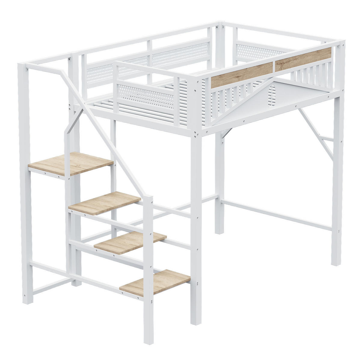 HOCHBETT 140/200 cm aus Metall und Holz mit Sicherheitsleiter, Weiß - Weiß, Metall (140/200cm) - OKMYHOME